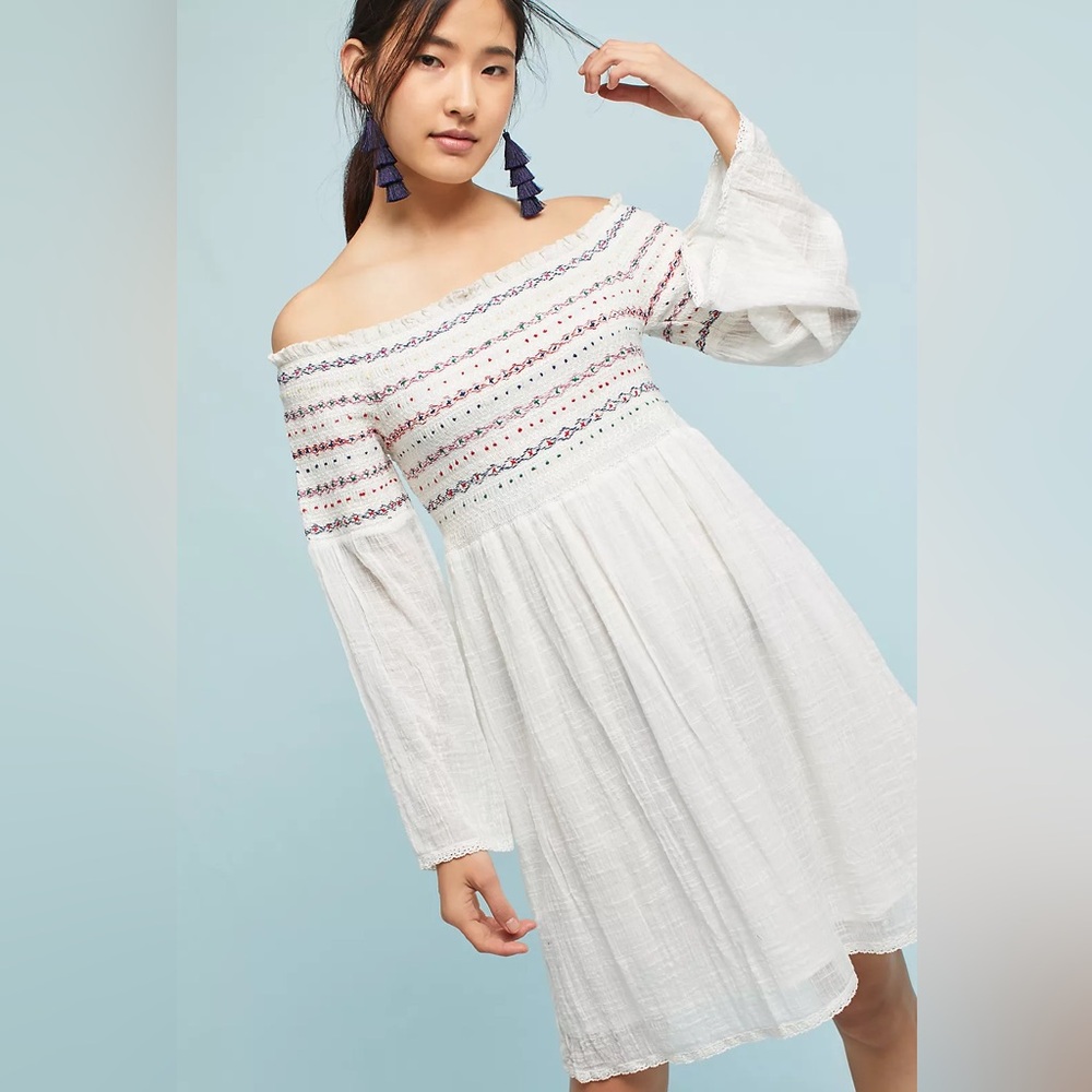 FARM Rio Smocked Off-Shoulder White Dress with Pastel Stripes - Picture 2 of 12